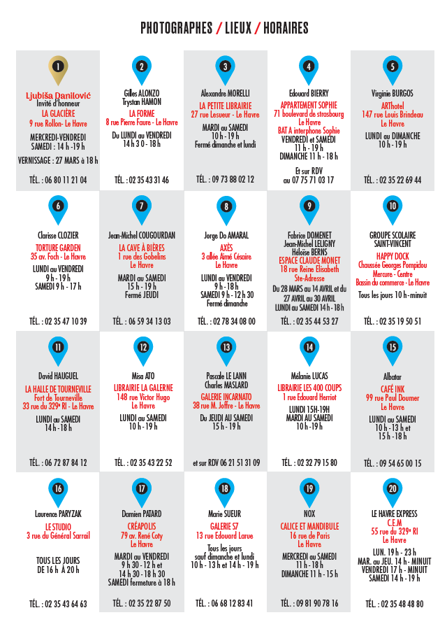Liste des lieux et des photographes pour l'édition 2026 du festival photo Are You Experiencing au Havre et à Sainte Adresse